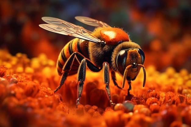 Una abeja de cabeza roja camina sobre una flor roja.