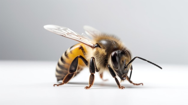 Una abeja de cerca sobre fondo blanco.