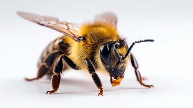 Una abeja de cerca sobre fondo blanco.