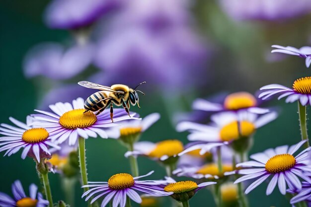 Foto una abeja de cuerpo amarillo y una flor morada con el número 8