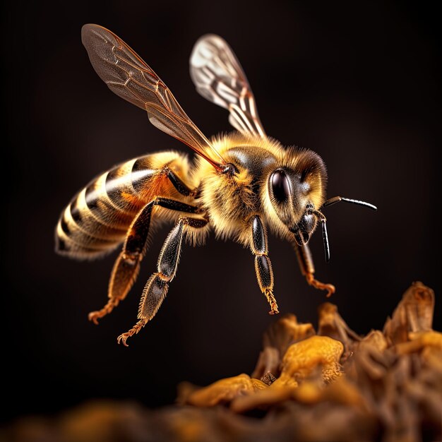 una abeja con un cuerpo amarillo y un fondo negro