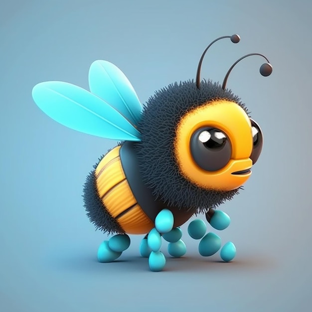 Una abeja de dibujos animados con alas azules y cuerpo amarillo.