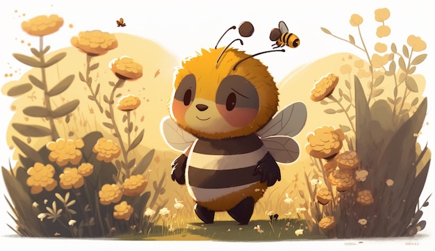 Una abeja de dibujos animados con un fondo amarillo y una abeja sobre ella.