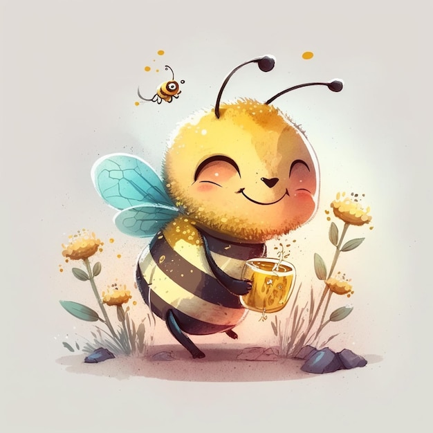 abeja de dibujos animados con miel y flores generativa ai