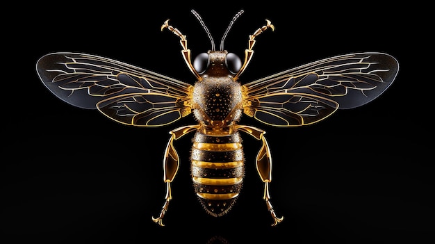 Abeja dorada sobre fondo negro Ilustración 3D