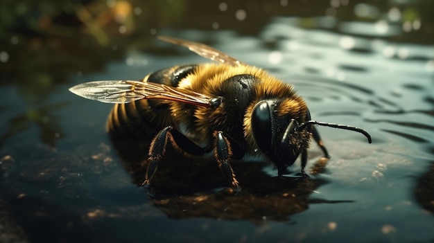 Una abeja está bebiendo agua en un charcogenerativo ai