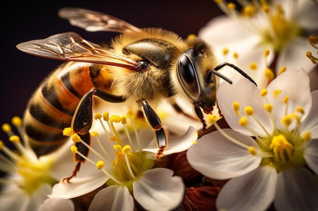una abeja está comiendo néctar de una flor