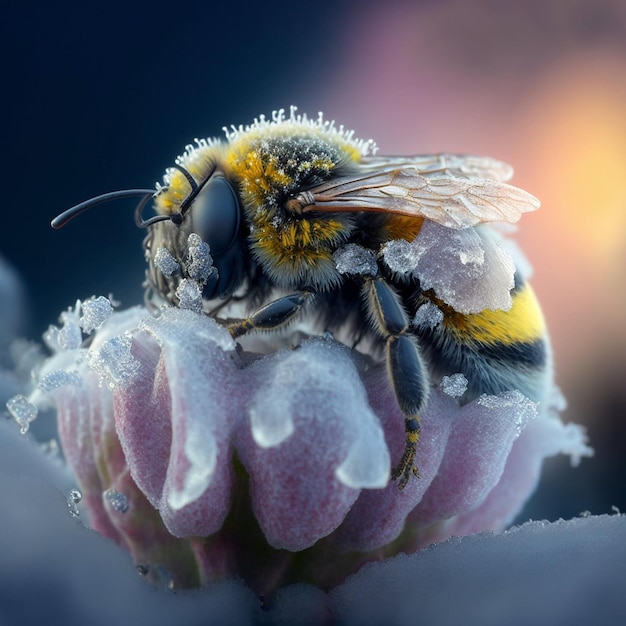 Una abeja está cubierta de hielo y tiene escarcha.