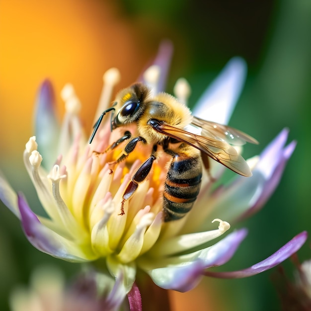 Una abeja está en una flor con un centro amarillo.