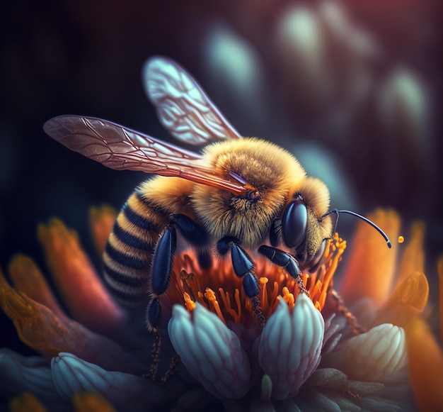 Una abeja está en una flor con un centro amarillo.