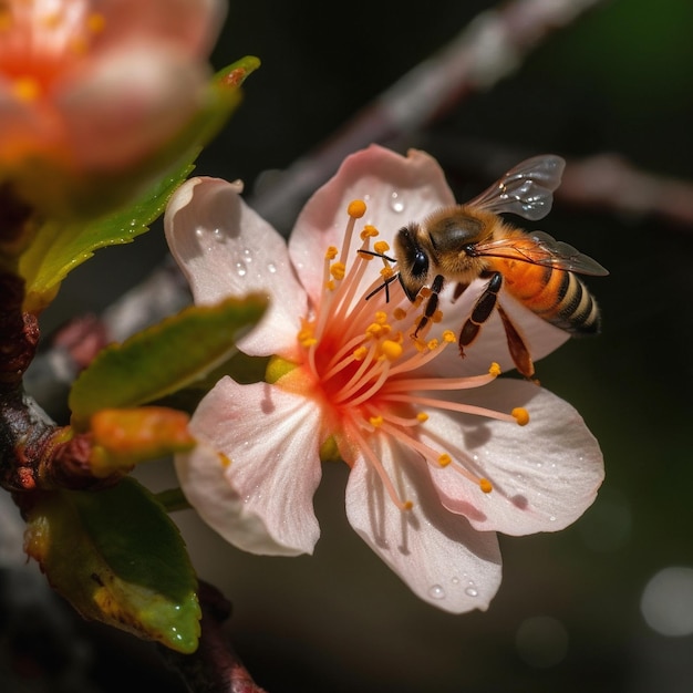 Una abeja está en una flor con la palabra miel.