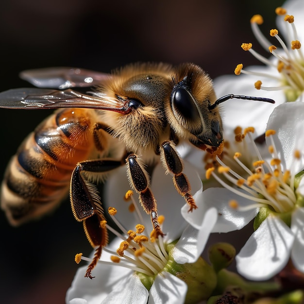 Una abeja está en una flor con la palabra miel.