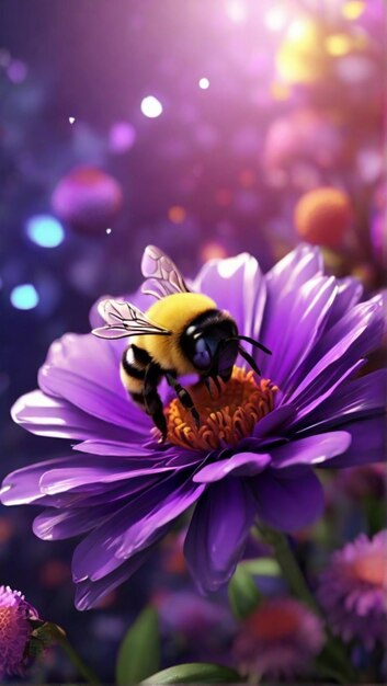 una abeja está en una flor púrpura con la palabra abeja en ella