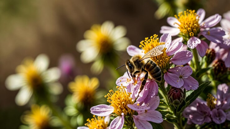 una abeja está en una flor púrpura con pétalos amarillos