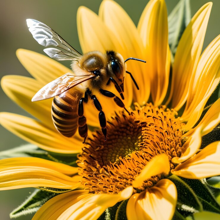 una abeja está en un girasol con una abeja en él
