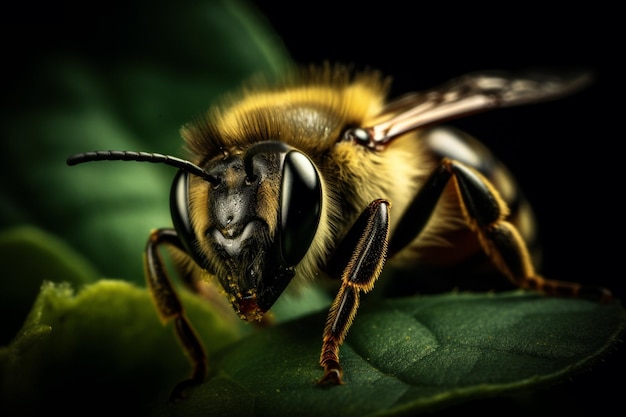 Una abeja está en una hoja con un fondo negro.