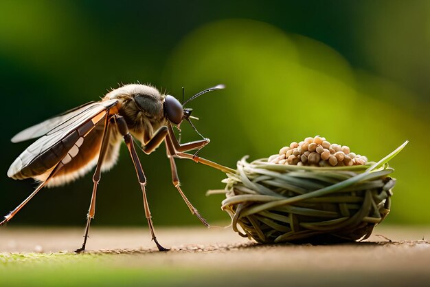 Una abeja está mirando un nido con huevos.