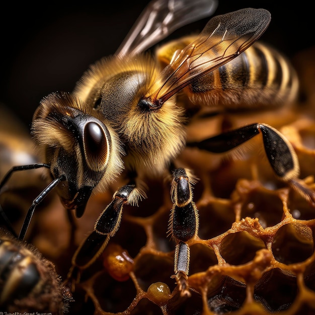 Una abeja está en un panal con un fondo negro.