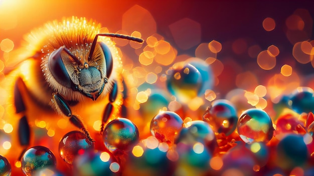 La abeja está de pie frente a un montón de esferas coloridas