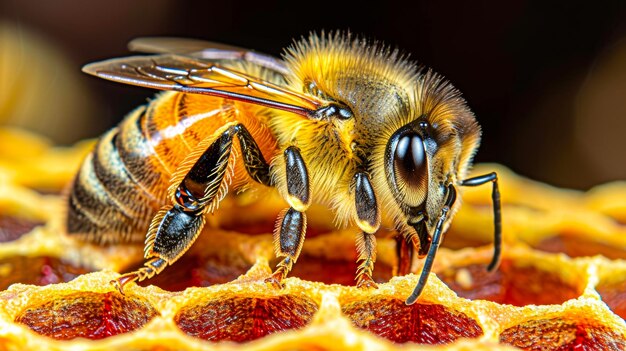 Una abeja está de pie en un panal