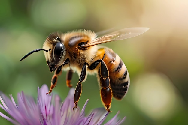 una abeja está a punto de volar en una flor púrpura