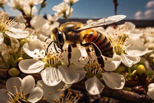 una abeja está sentada en una flor blanca con las palabras abeja en ella