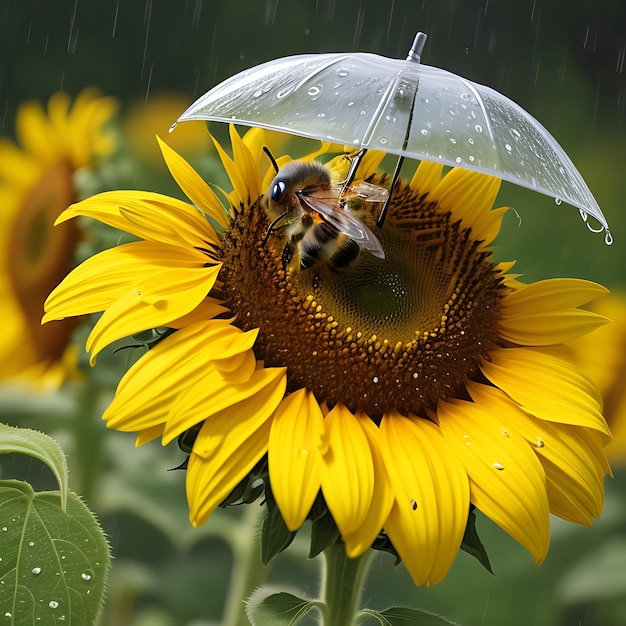 La abeja está sentada en el girasol bajo la lluvia.