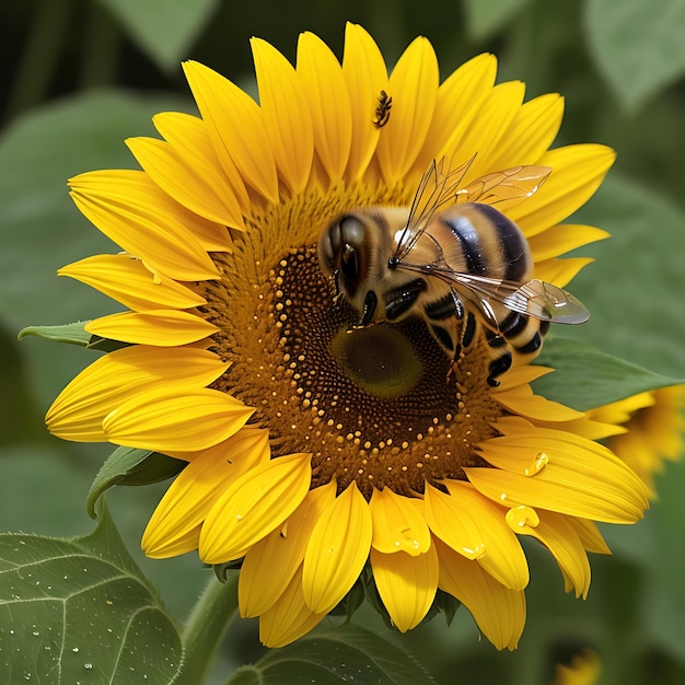 La abeja está sentada en el girasol bajo la lluvia.