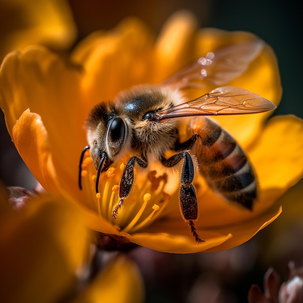 Una abeja está sobre una flor amarilla con la palabra abeja.