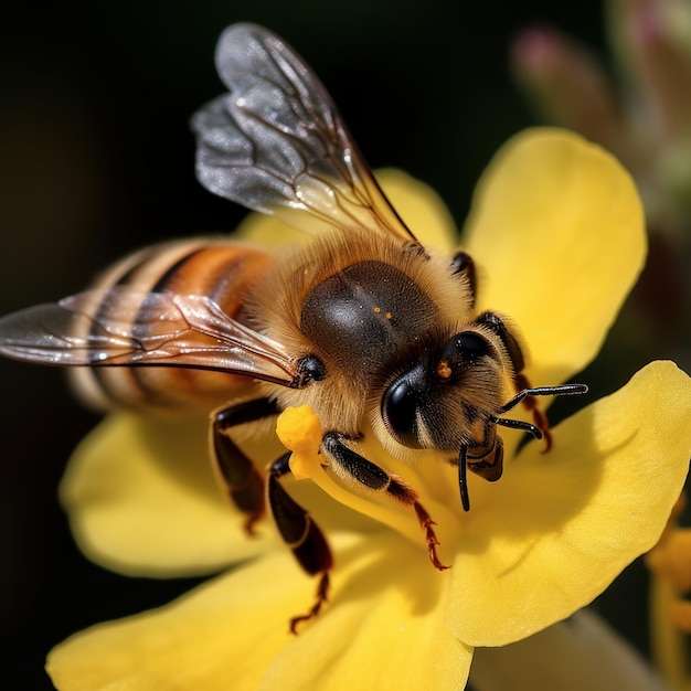 Una abeja está sobre una flor amarilla con una punta negra.