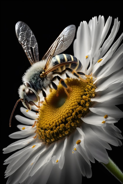 Una abeja está sobre una flor con una flor blanca al fondo.