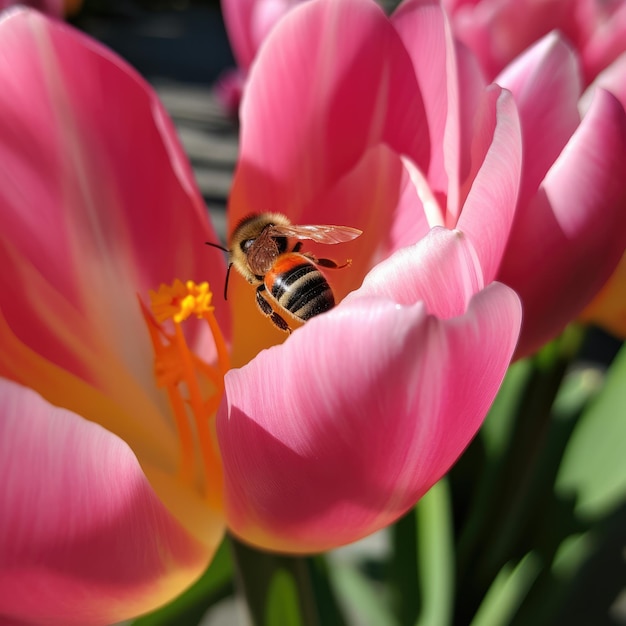 Una abeja está en un tulipán rosa y amarillo.