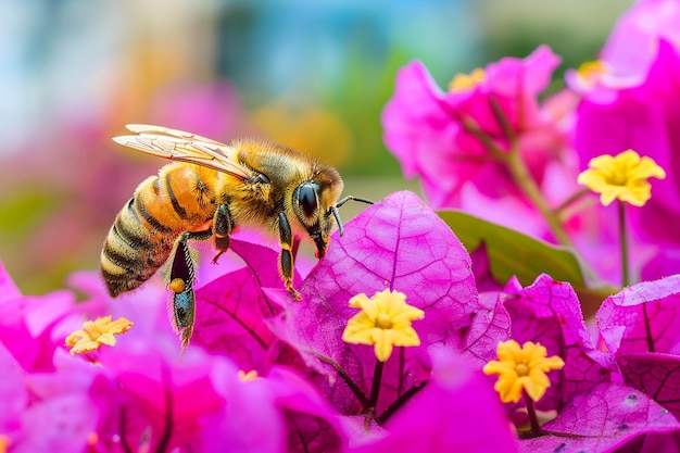 Abeja explorando las flores de un jardín en la azotea contra el horizonte de la ciudad