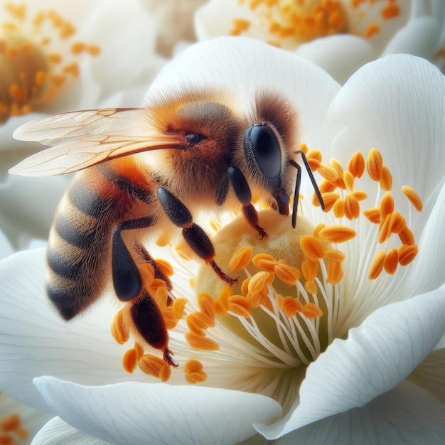 la abeja flor de la abeja volando alrededor de la flor viva el néctar está siendo cosechado para la miel comercial primer plano