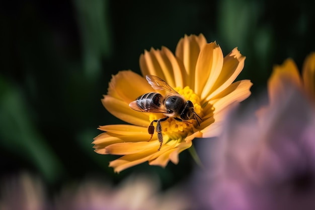 Una abeja en una flor amarilla con un fondo morado.