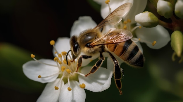 Una abeja en una flor blanca.