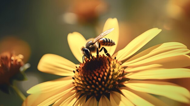 Una abeja en una flor con un centro amarillo.