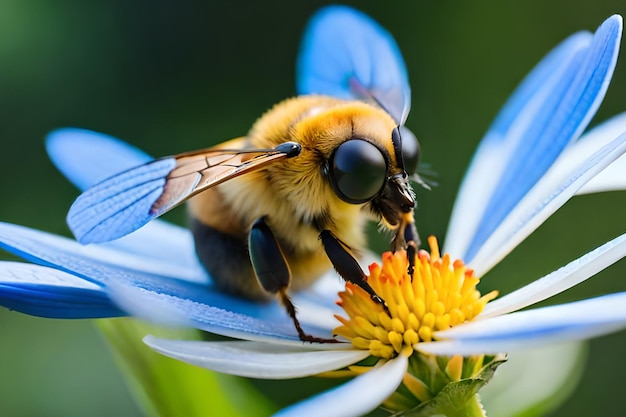 Una abeja en una flor con un centro azul.