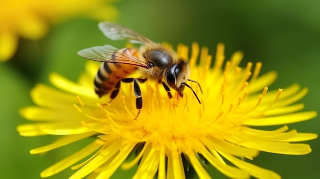 Una abeja en una flor de diente de león