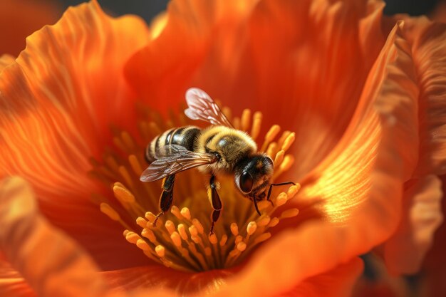 Una abeja en una flor con una flor roja.