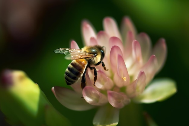 Una abeja en una flor con una flor rosa al fondo.