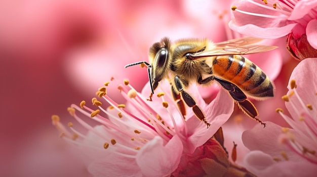 Una abeja en una flor con flores rosas.