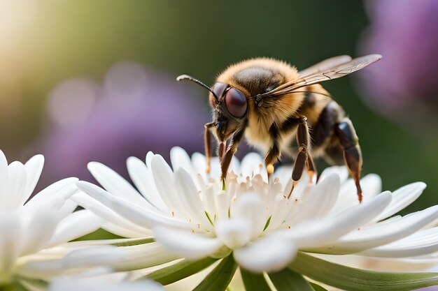 Una abeja en una flor con un fondo borroso