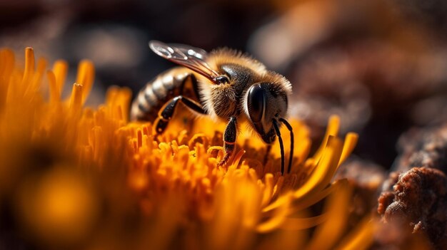 Una abeja en una flor con un fondo borroso