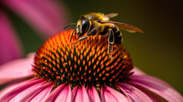 Una abeja en una flor con un fondo morado.