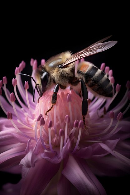 Una abeja en una flor con un fondo negro.