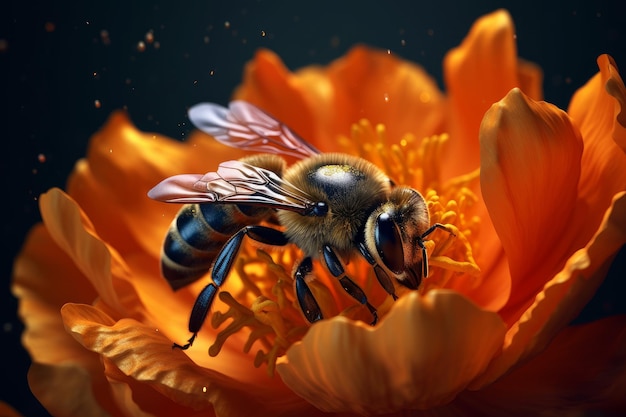 Una abeja en una flor con un fondo negro.