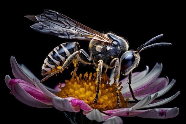 Una abeja en una flor con un fondo negro.