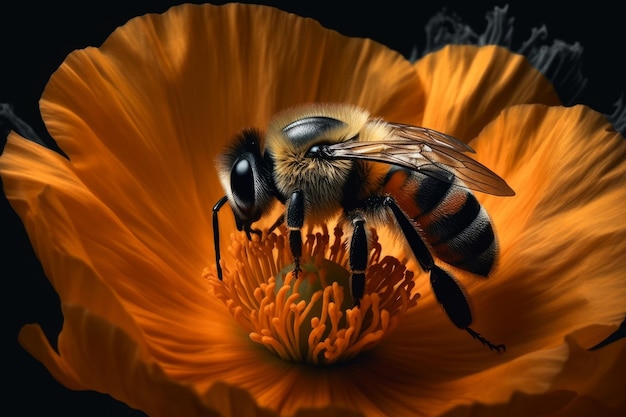 Una abeja en una flor con un fondo negro.