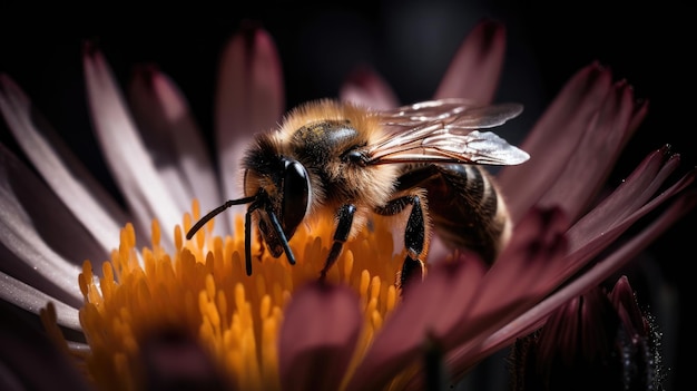 Una abeja en una flor con un fondo negro.